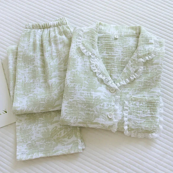 Women’s Cotton Pajama Set – Summer Lapel Sleepwear long sleeve print Women’s Cotton Pajama Set