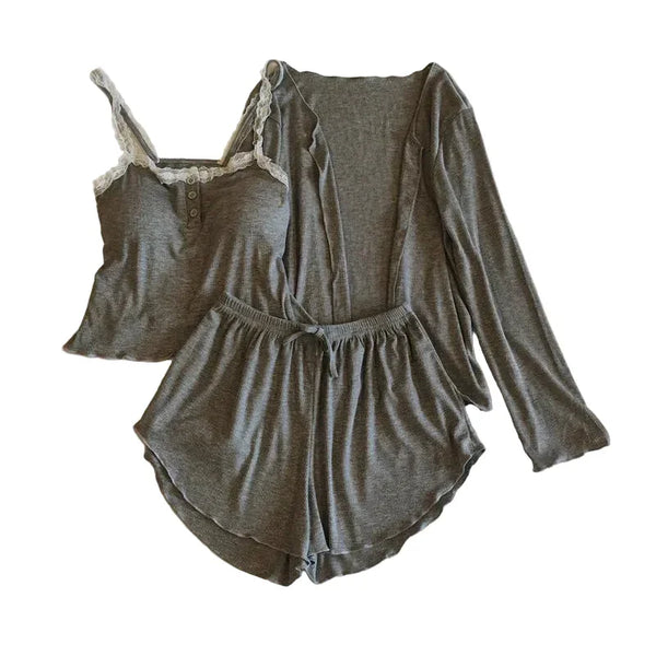 Modal Lace 3-Piece Pajama Set grey Modal Lace 3-Piece Pajama Set
