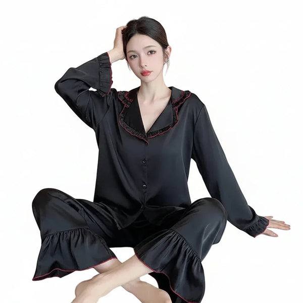 Silk Satin Women's Pajama Set Black Silk Satin Women's Pajama Set