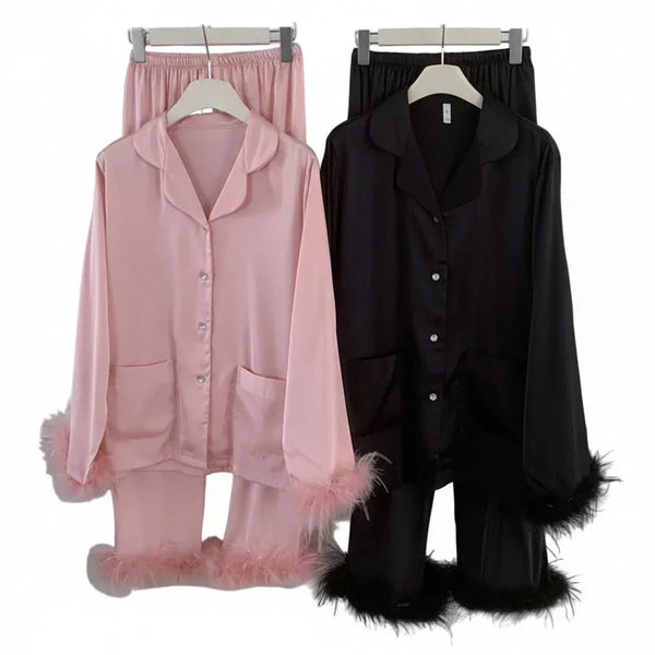 Feather Trim Silk Pajama Set for Women Silk Pajama Set