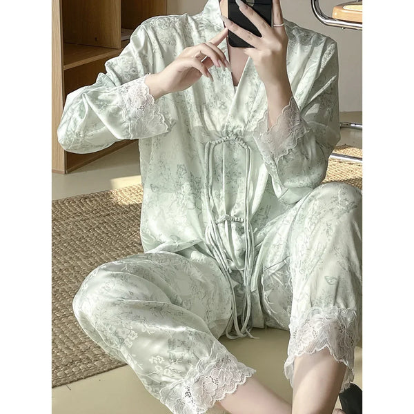 Women’s Satin Floral Pajama Set – 2-Piece Lounge Wea Green Women’s Satin Floral Pajama Set